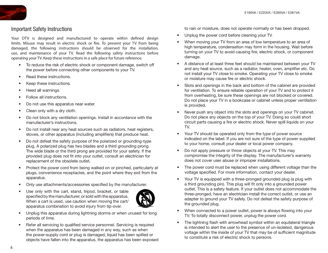 Vizio E260VA, E261VA, E220VA, E190VA user manual Important Safety Instructions 