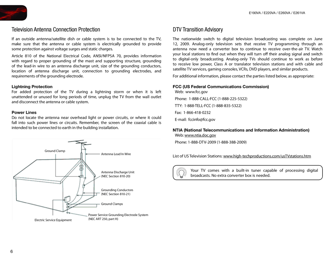 Vizio E220VA, E260VA Television Antenna Connection Protection, DTV Transition Advisory, Lightning Protection, Power Lines 