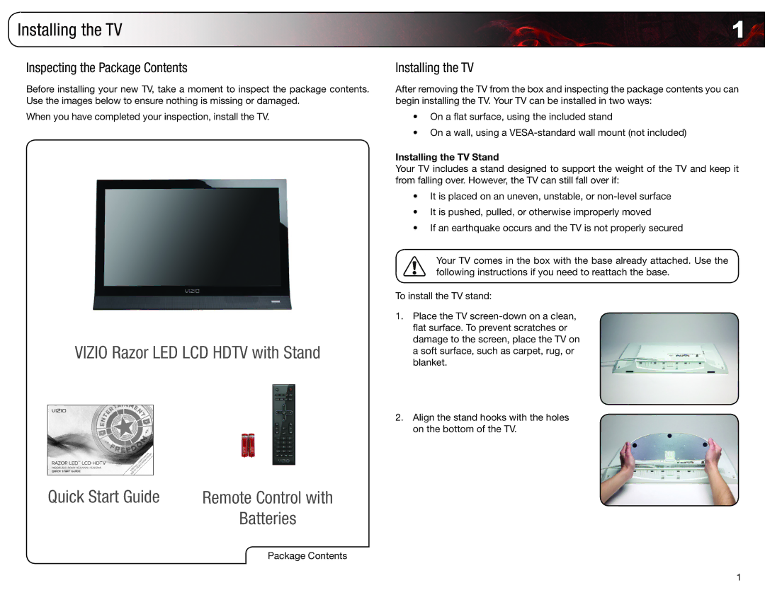 Vizio E261VA, E260VA, E220VA, E190VA user manual Installing the TV, Inspecting the Package Contents 