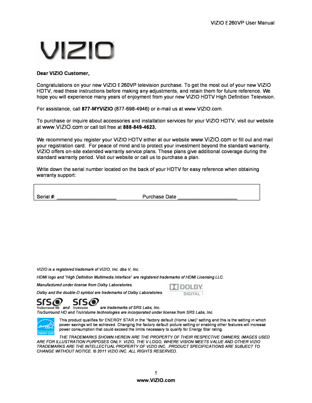 Vizio E260VP user manual Dear VIZIO Customer 