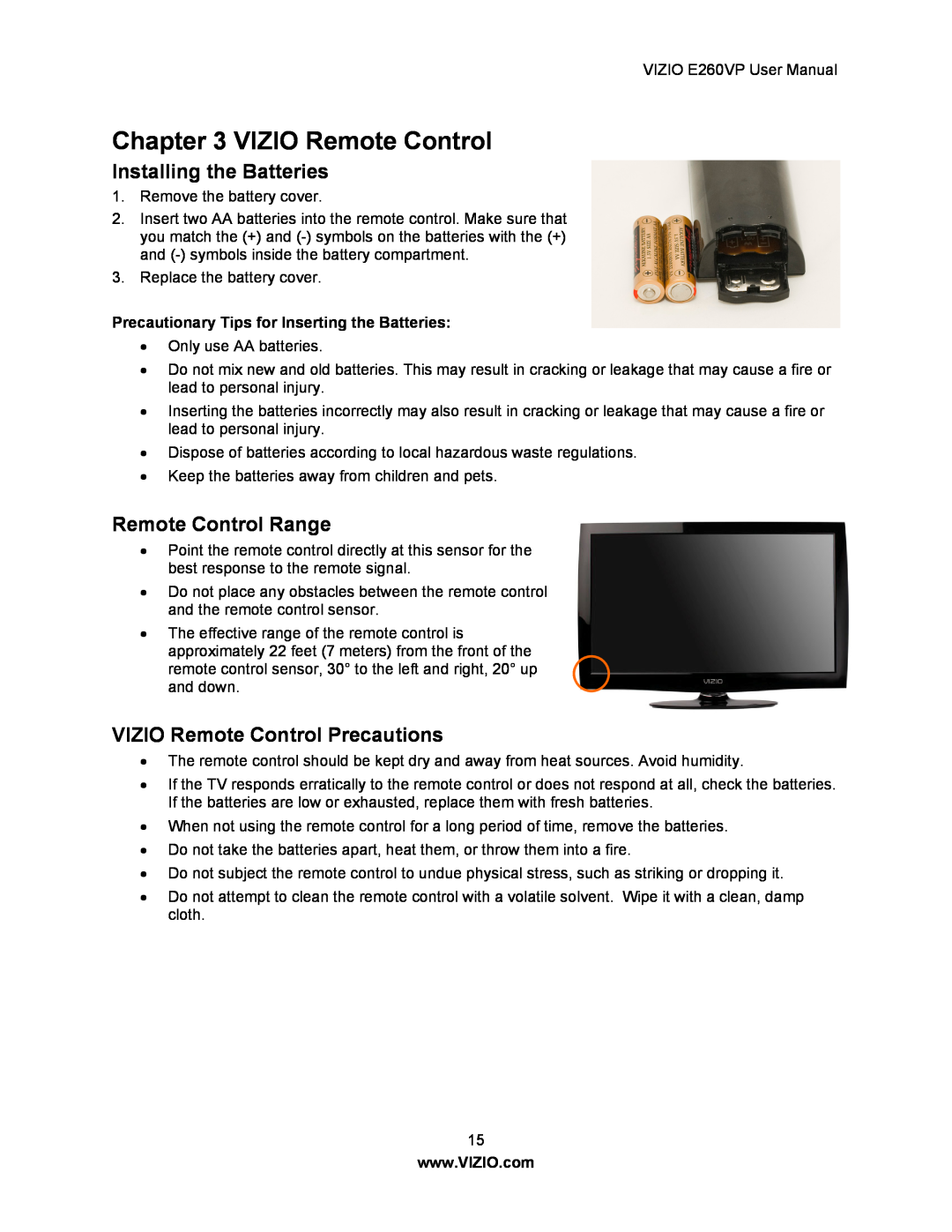 Vizio E260VP user manual Installing the Batteries, Remote Control Range, VIZIO Remote Control Precautions 