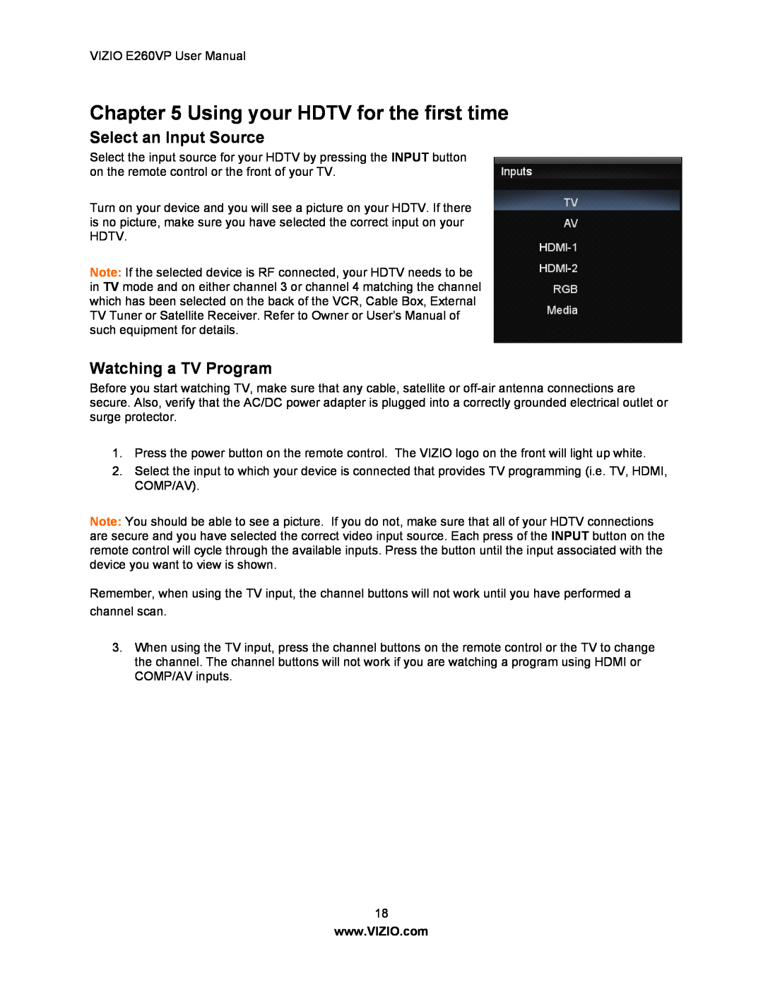 Vizio E260VP user manual Using your HDTV for the first time, Select an Input Source, Watching a TV Program 