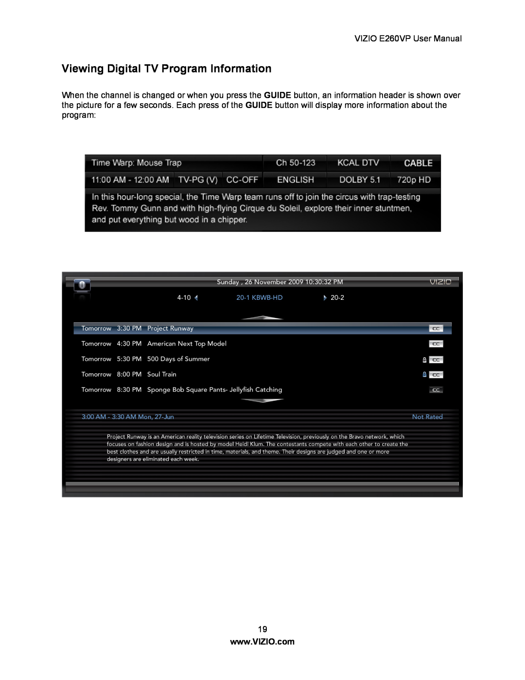 Vizio user manual Viewing Digital TV Program Information, VIZIO E260VP User Manual 