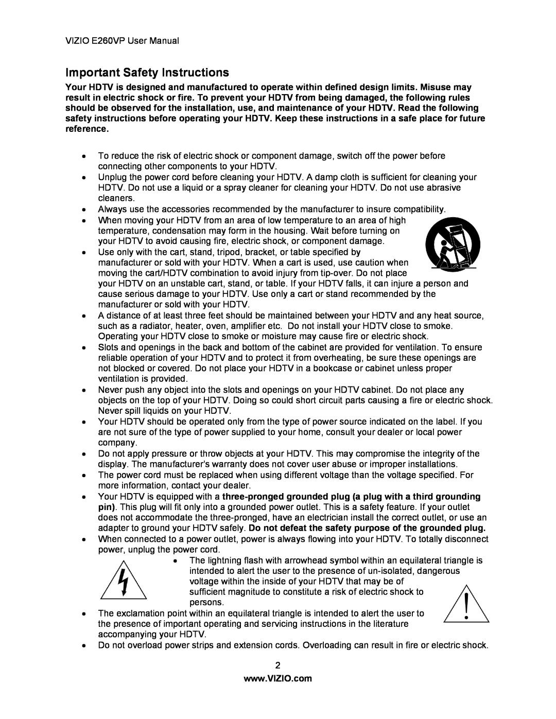 Vizio E260VP user manual Important Safety Instructions 
