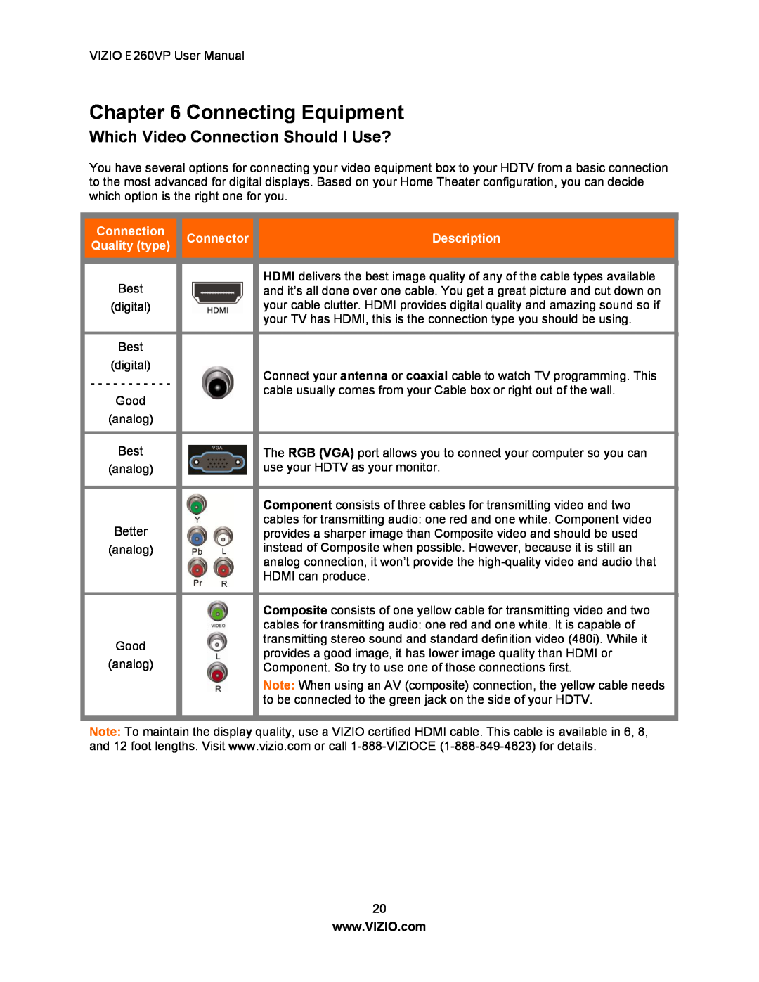 Vizio E260VP user manual Connecting Equipment, Which Video Connection Should I Use?, Connector, Description, Quality type 