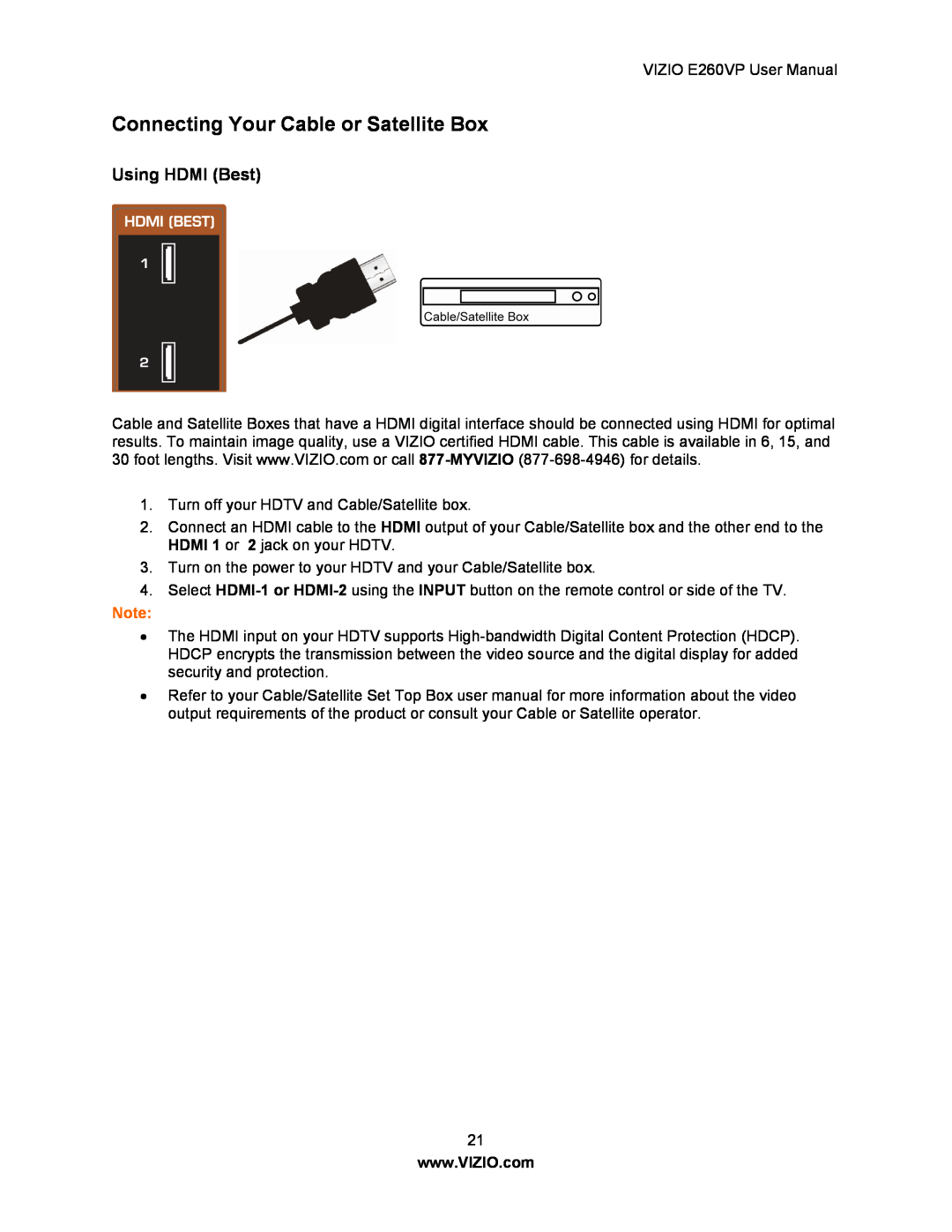 Vizio E260VP user manual Connecting Your Cable or Satellite Box, Using HDMI Best 