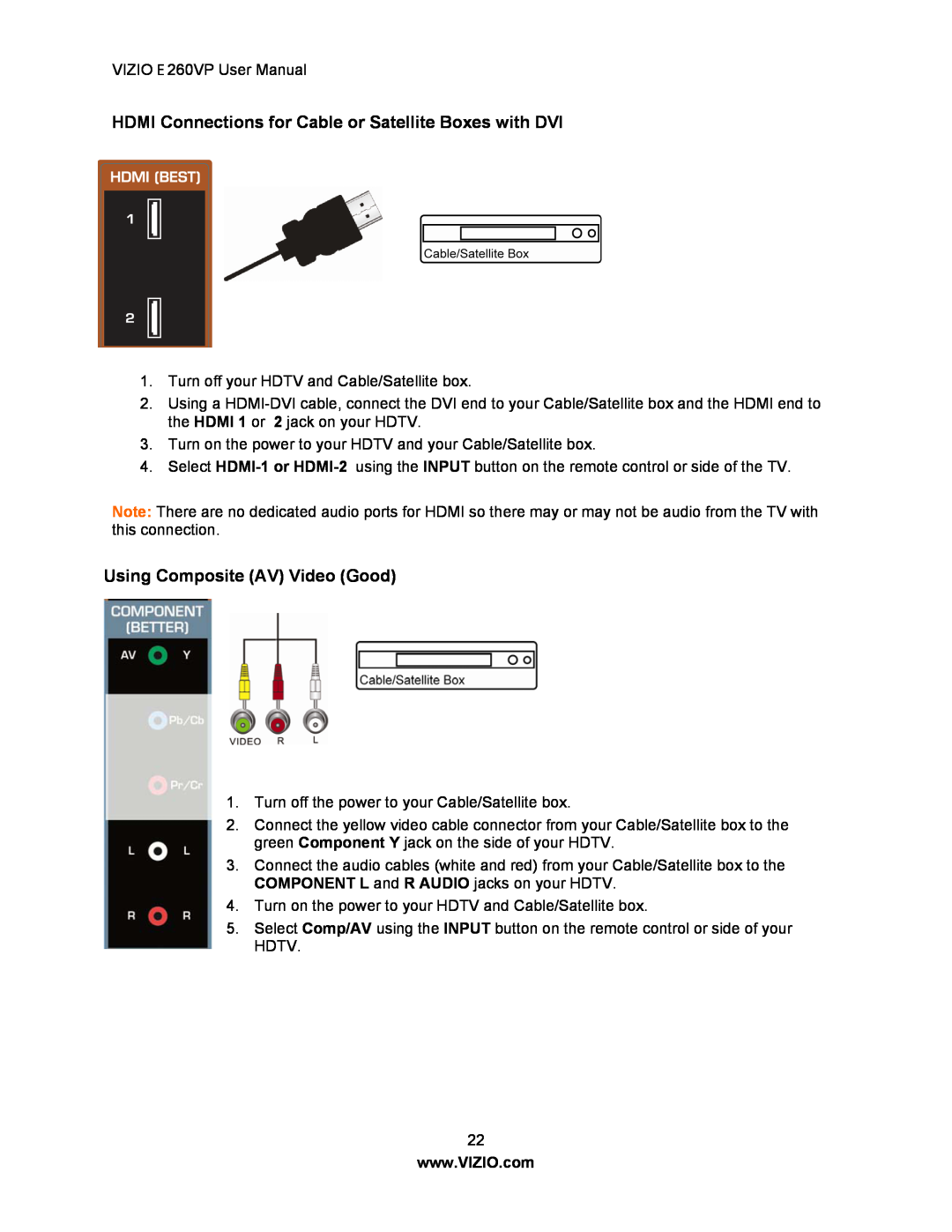 Vizio E260VP user manual HDMI Connections for Cable or Satellite Boxes with DVI, Using Composite AV Video Good 