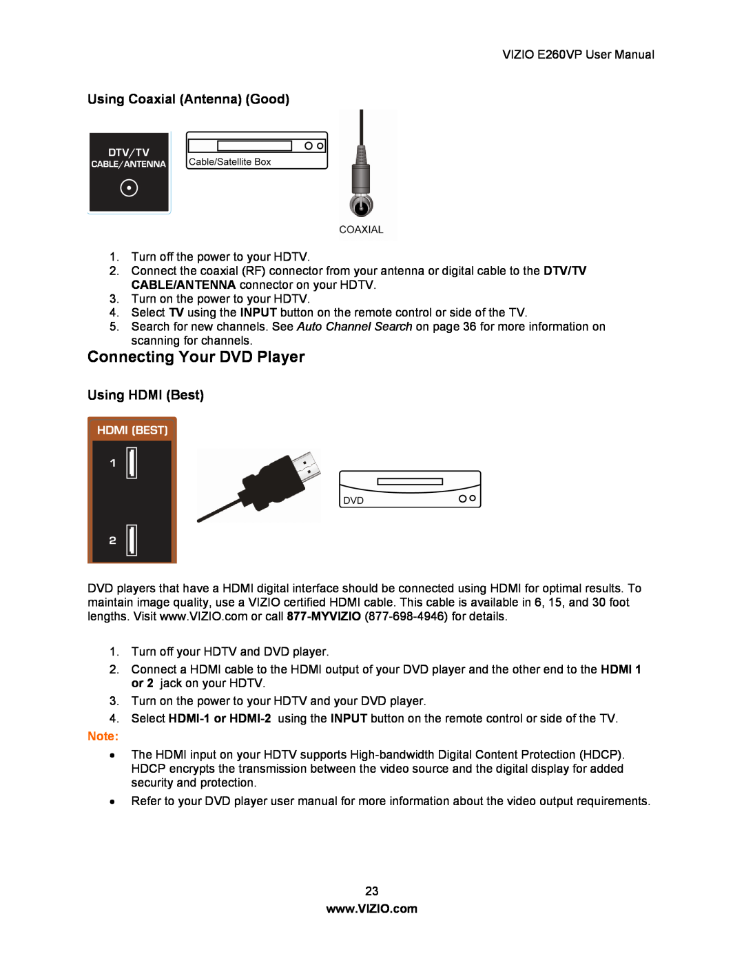 Vizio E260VP user manual Connecting Your DVD Player, Using Coaxial Antenna Good, Using HDMI Best 