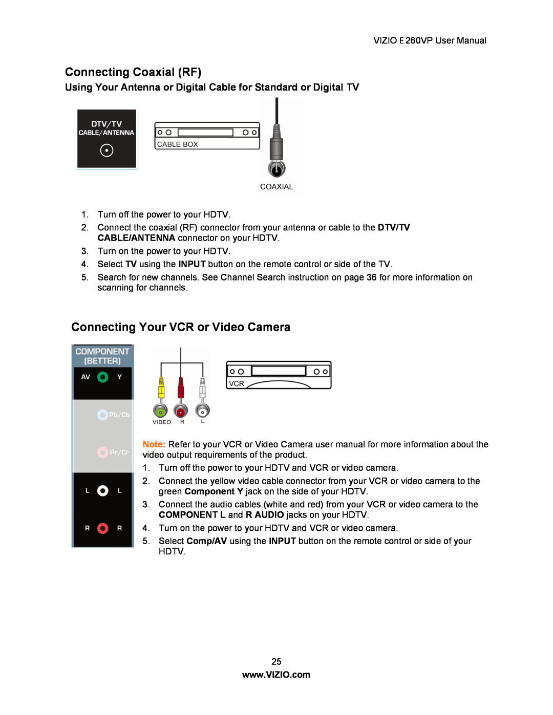 Vizio E260VP user manual Connecting Coaxial RF, Connecting Your VCR or Video Camera 