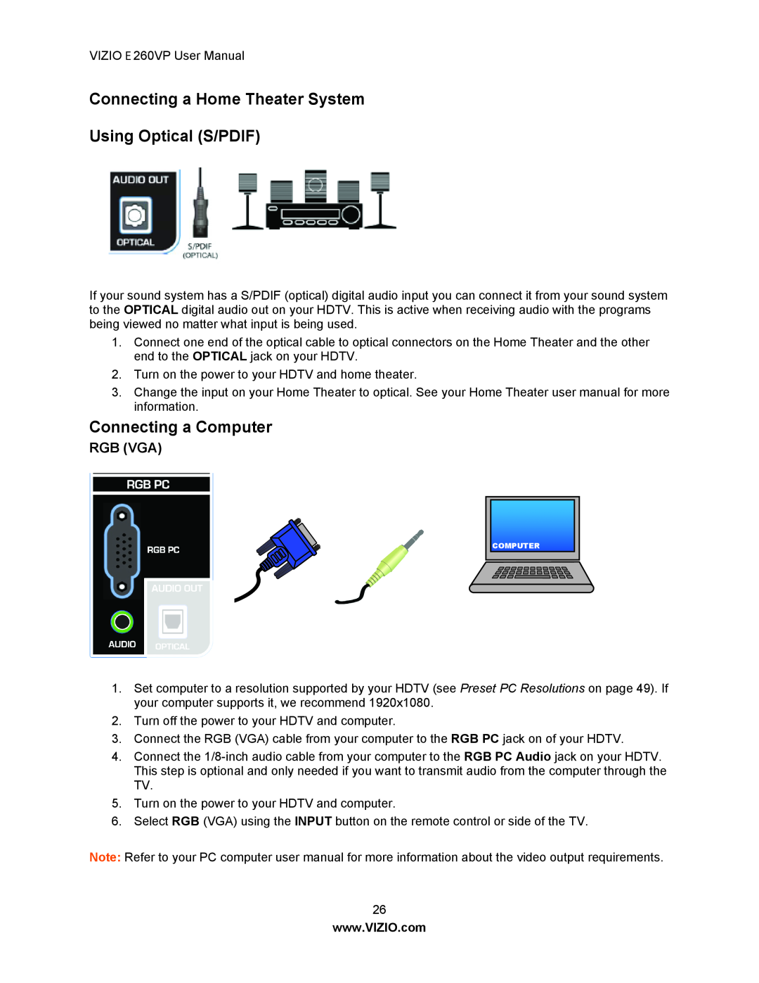 Vizio E260VP user manual Connecting a Home Theater System Using Optical S/PDIF, Connecting a Computer, Rgb Vga 
