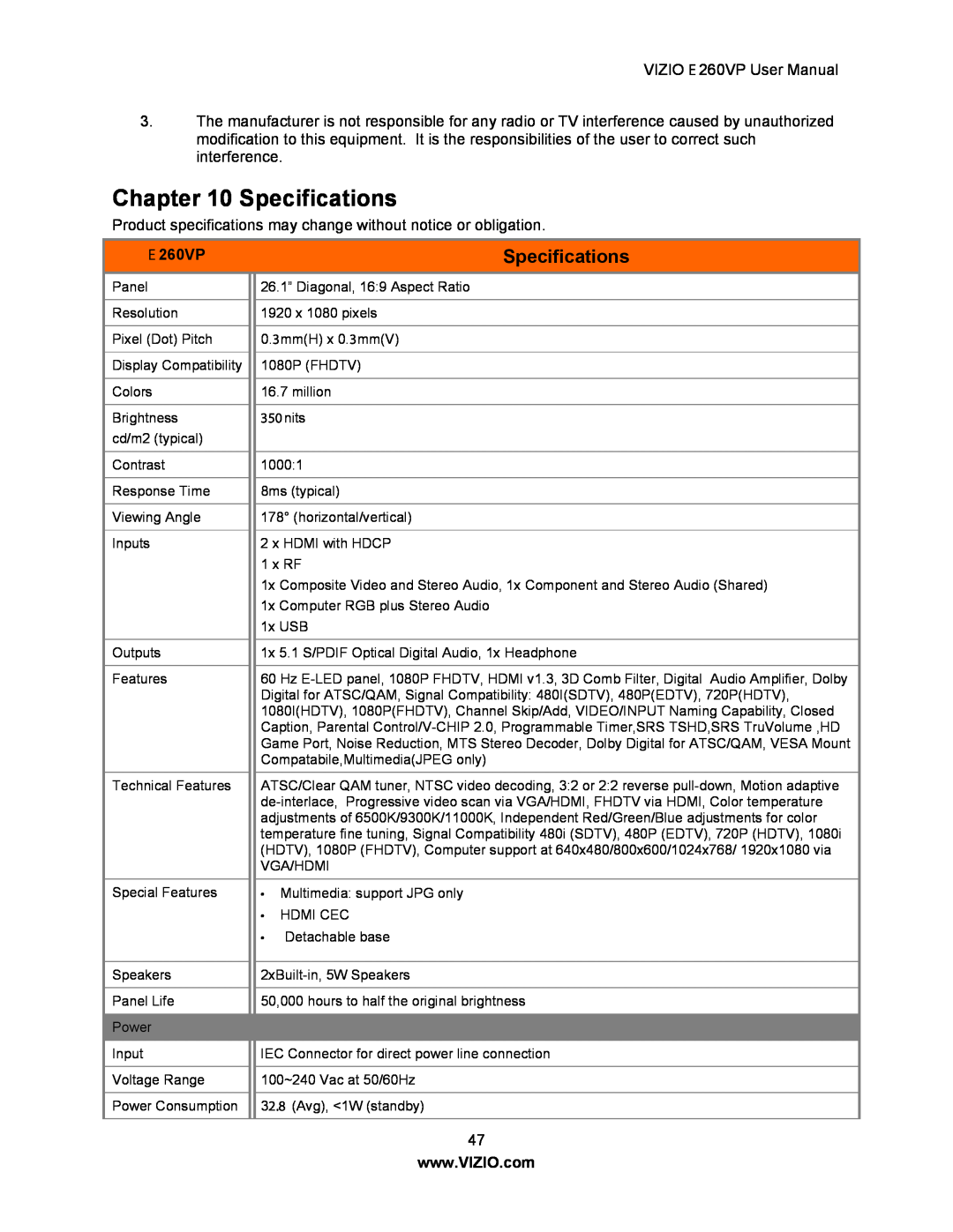 Vizio E260VP user manual Specifications, E 260VP 