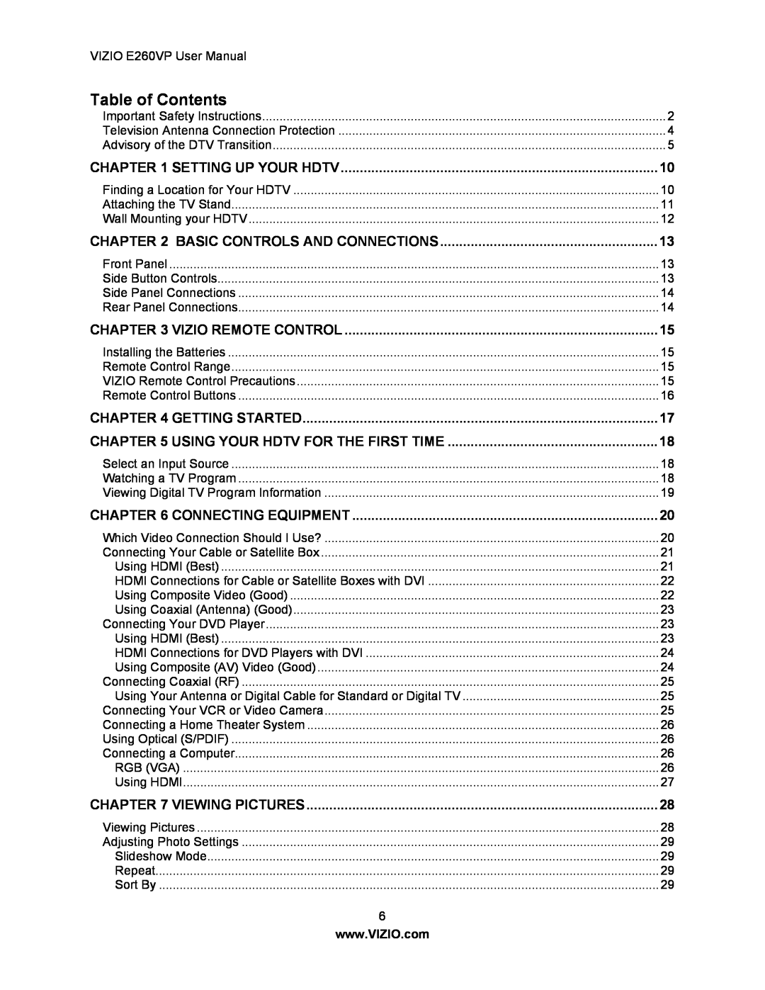 Vizio E260VP user manual Table of Contents, Setting Up Your Hdtv, Basic Controls And Connections, Vizio Remote Control 