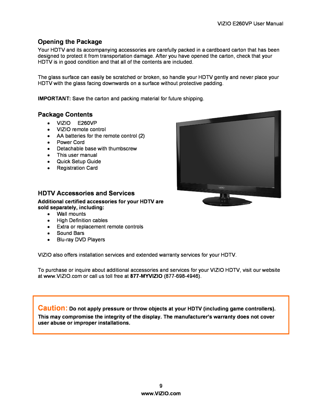 Vizio E260VP user manual Opening the Package, Package Contents, HDTV Accessories and Services 