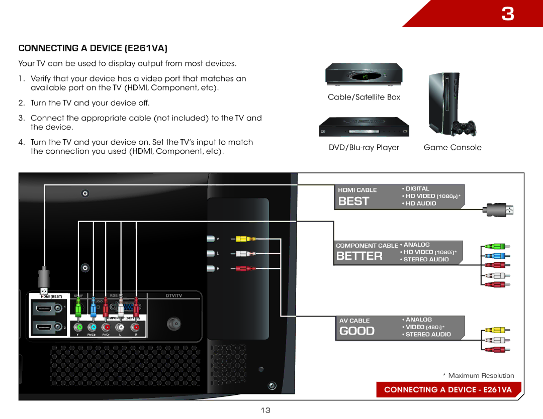 Vizio E191VA, E221VA specifications Connecting a Device E261VA 