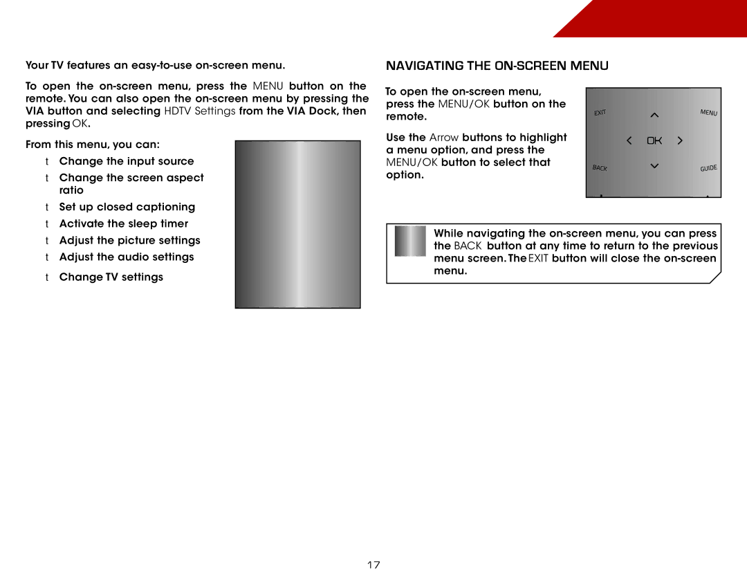 Vizio E261VA, E221VA, E191VA specifications Using the On-Screen Menu, Navigating the On-Screen Menu 