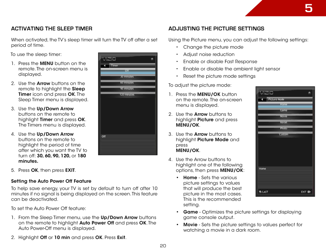 Vizio E261VA, E221VA, E191VA specifications Activating the Sleep Timer, Adjusting the Picture Settings 