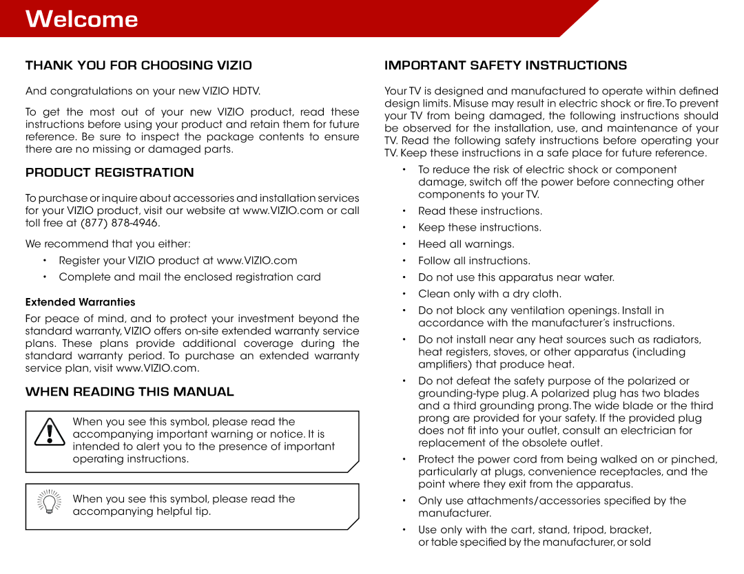 Vizio E261VA, E221VA, E191VA Welcome, Thank You for Choosing Vizio, Product Registration, When Reading this Manual 