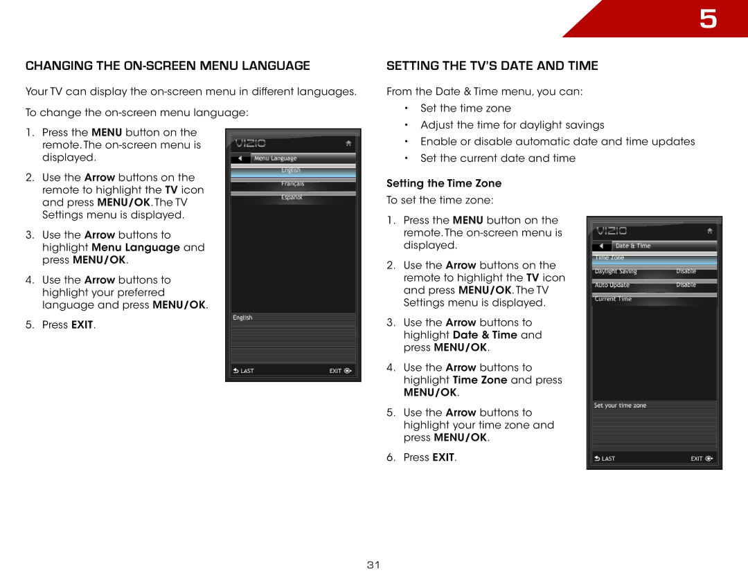 Vizio E191VA, E261VA, E221VA specifications Changing the On-Screen Menu Language, Setting the TV’s Date and Time 