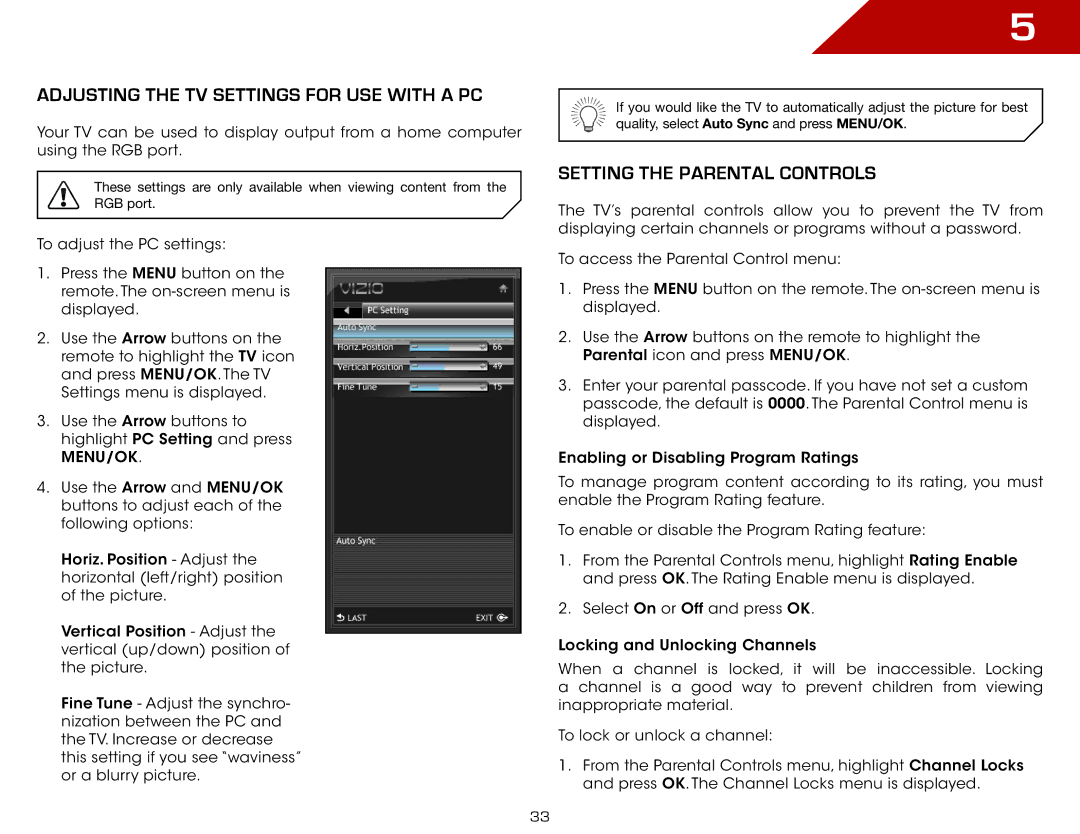 Vizio E221VA, E261VA, E191VA specifications Adjusting the TV Settings for Use with a PC, Setting the Parental Controls 