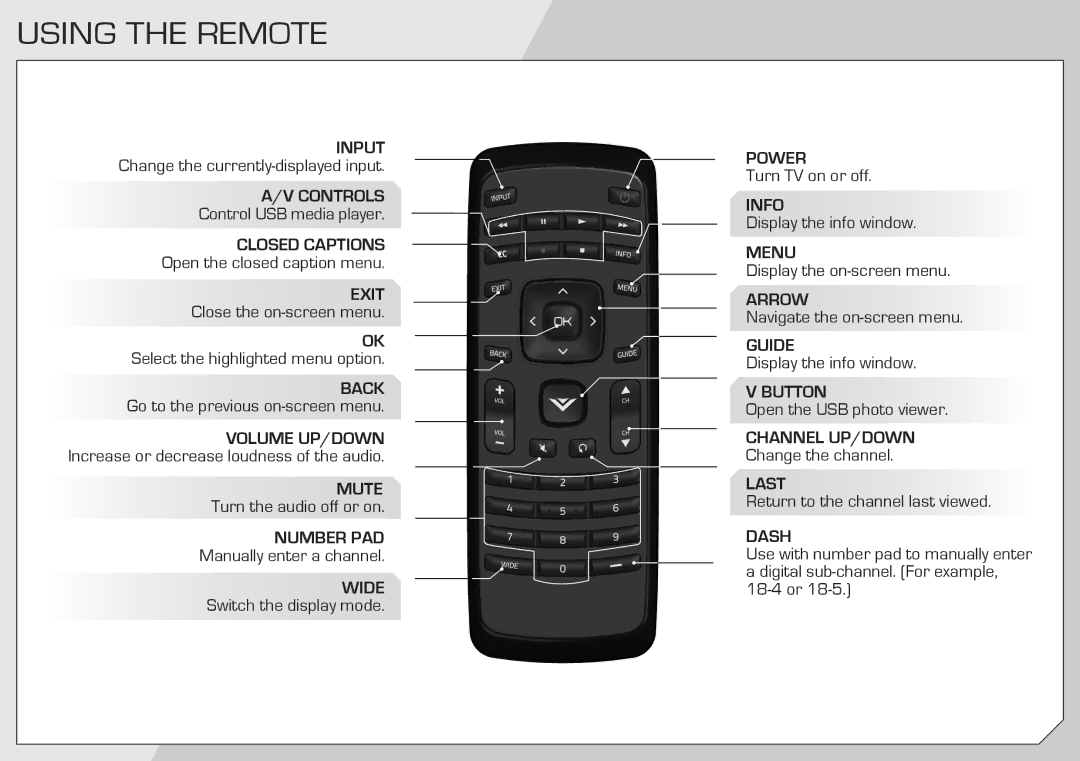 Vizio E261VA manual Using the Remote, Back 