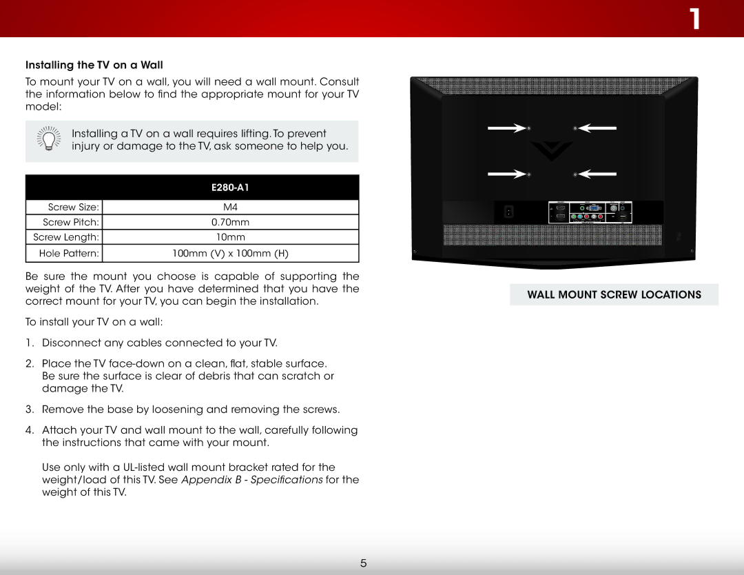 Vizio E280-A1 user manual Wall Mount Screw Locations 