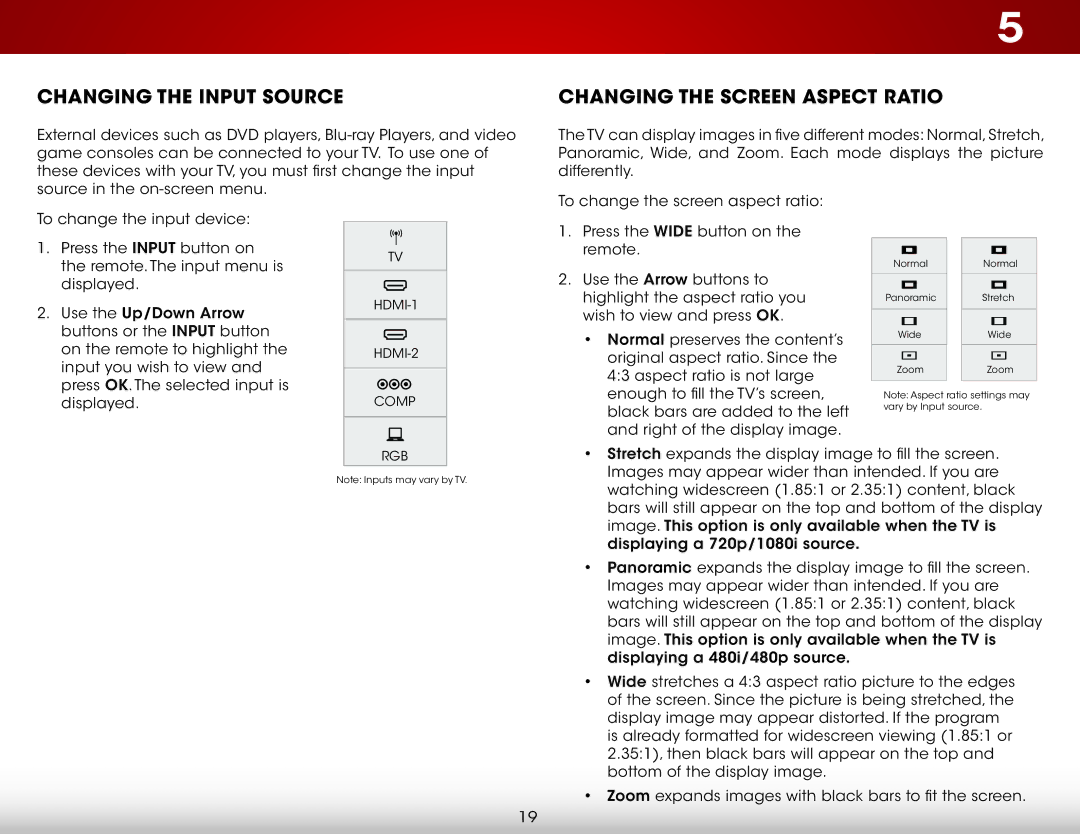 Vizio E280-A1 user manual Changing the Input Source, Changing the Screen Aspect Ratio 