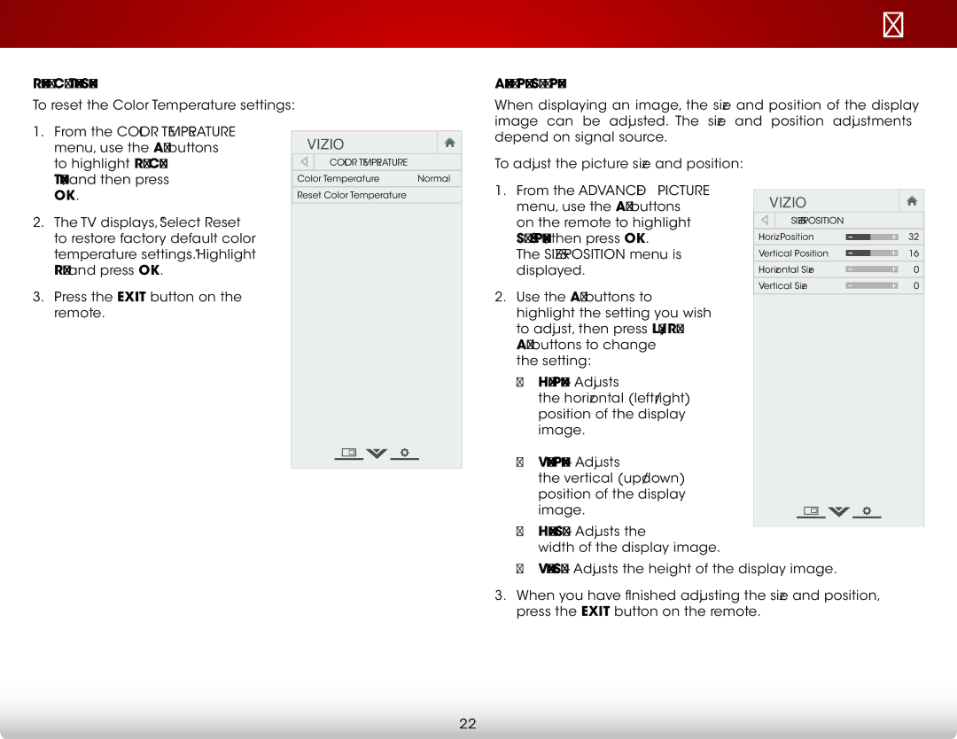 Vizio E280-A1 user manual Menu, use the Arrow buttons To highlight Reset Color 