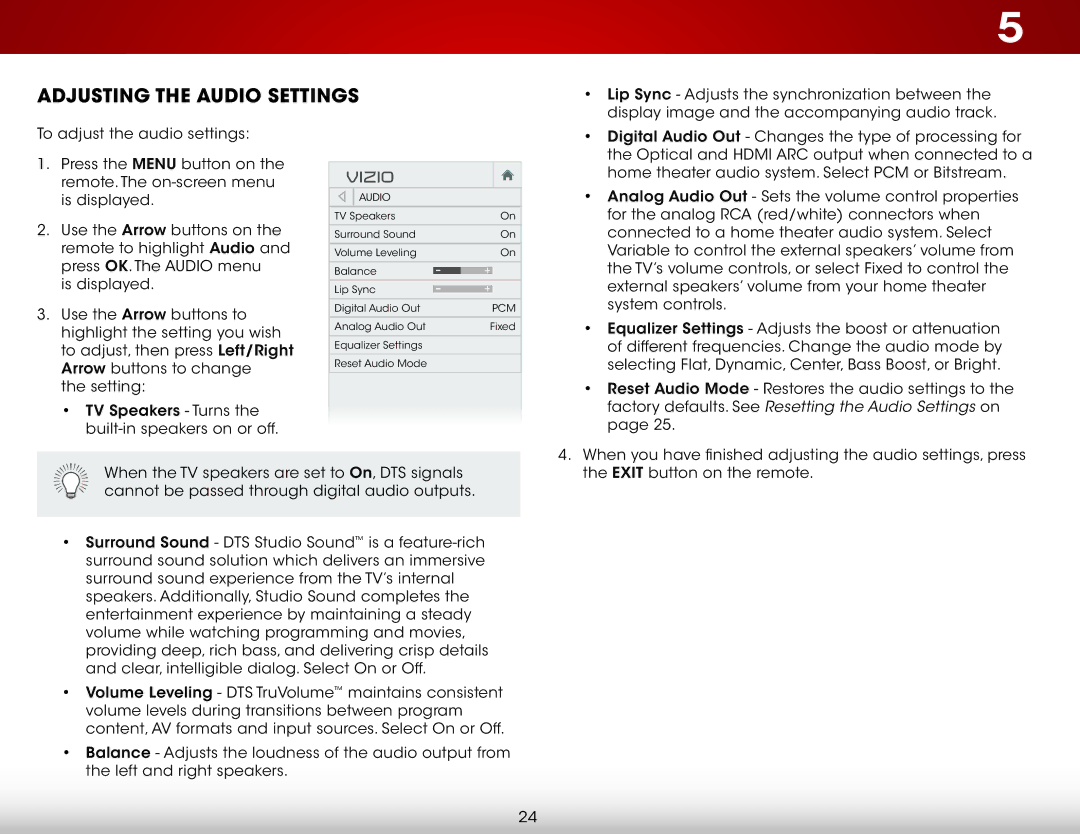 Vizio E280-A1 user manual Adjusting the Audio Settings, Factory defaults. See Resetting the Audio Settings on 