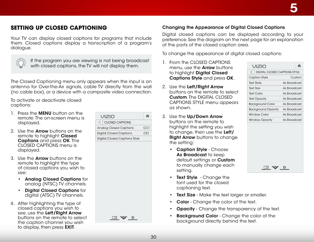 Vizio E280-A1 user manual Setting UP Closed Captioning 