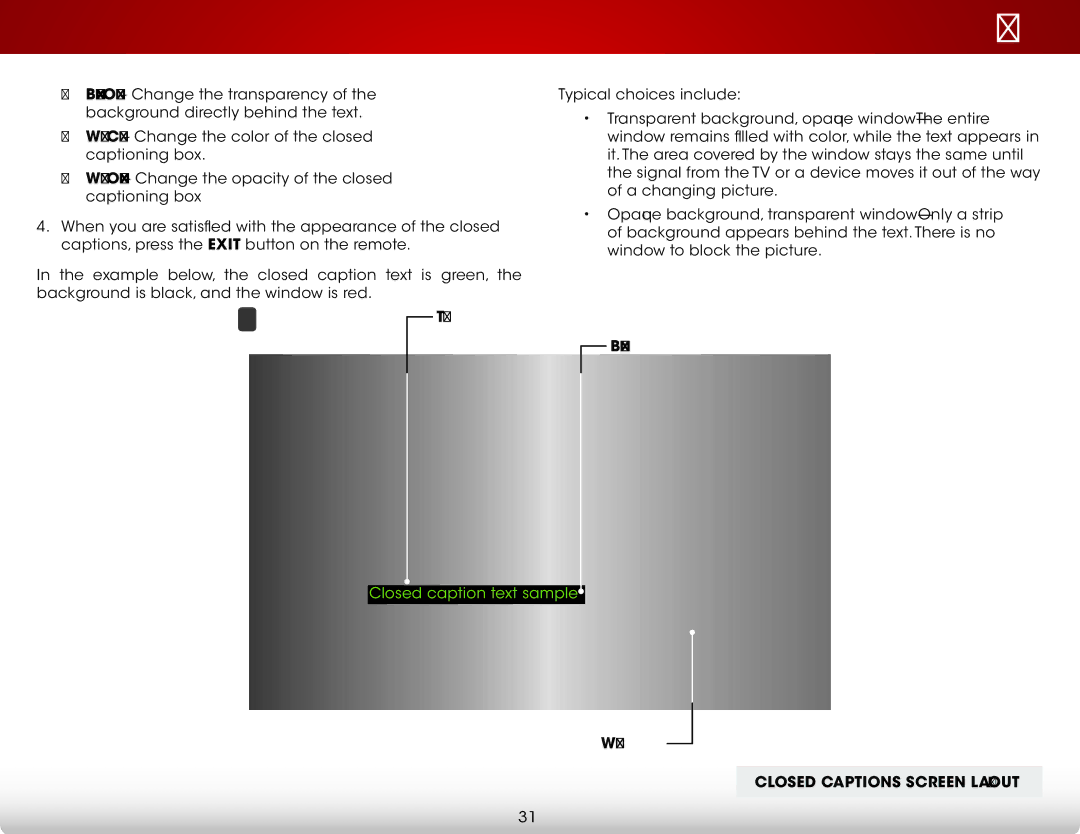 Vizio E280-A1 user manual Closed Captions Screen Layout 