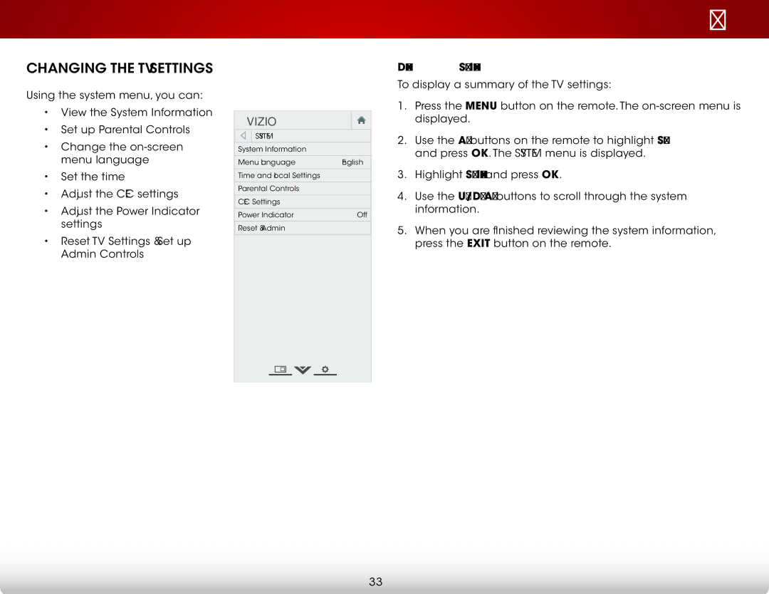 Vizio E280-A1 user manual Changing the TV Settings, System 