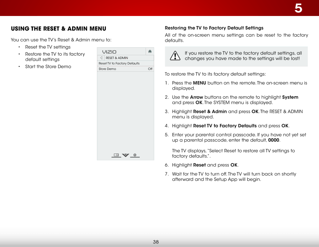 Vizio E280-A1 user manual Using the Reset & Admin Menu 