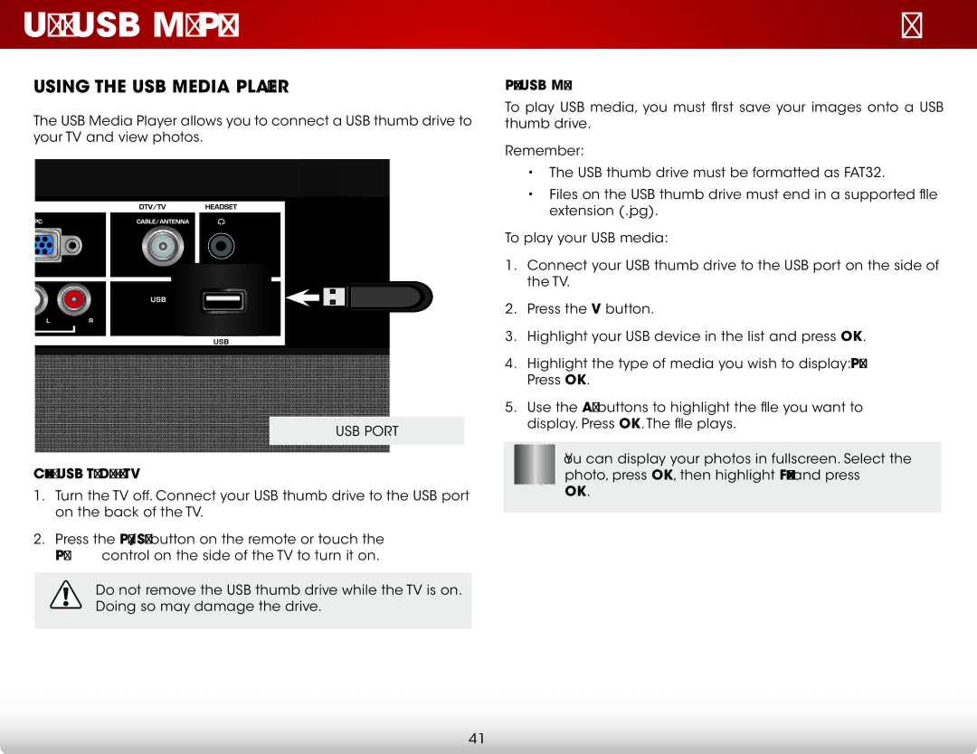 Vizio E280-A1 user manual Using the USB Media Player 