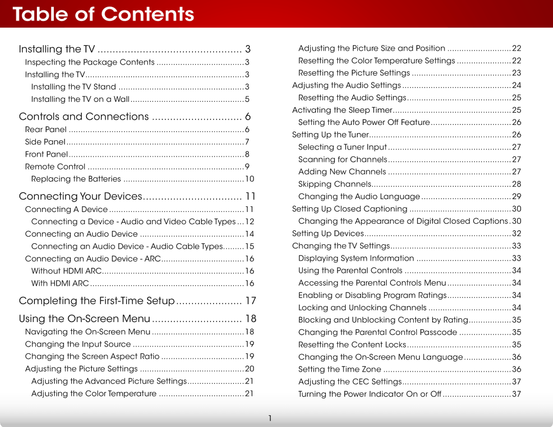 Vizio E280-A1 user manual Table of Contents 