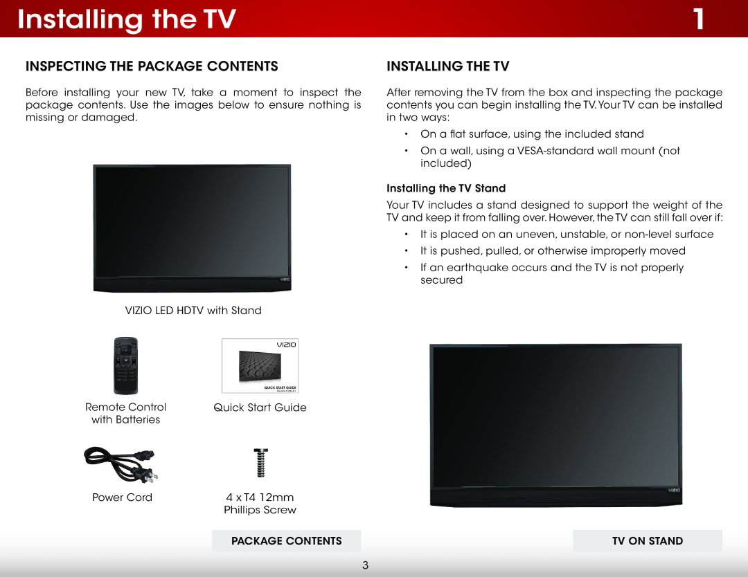 Vizio E280-A1 user manual Installing the TV, Inspecting the Package Contents 