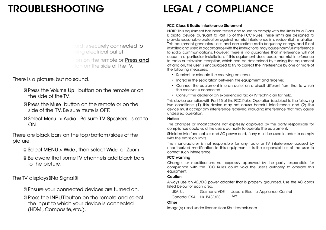 Vizio E280-A1 quick start Troubleshooting, Legal / Compliance 