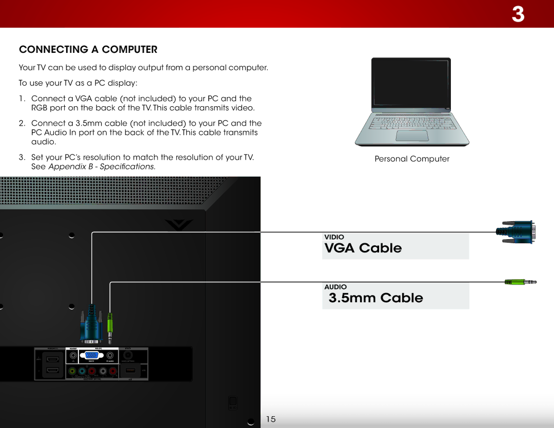 Vizio E280-B1 user manual 5mm Cable, Connecting a Computer 