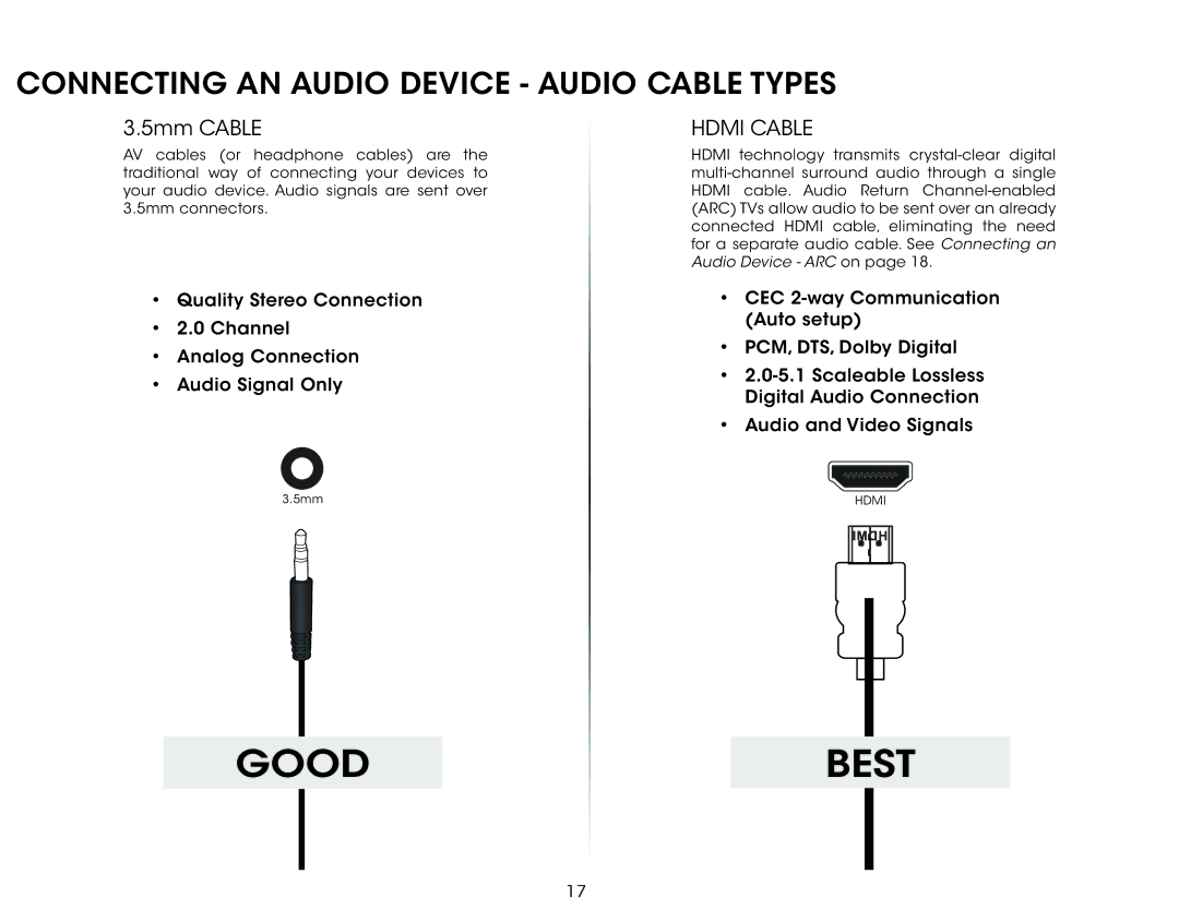 Vizio E280-B1 user manual Connecting an Audio Device Audio Cable Types, 5mm Cable 