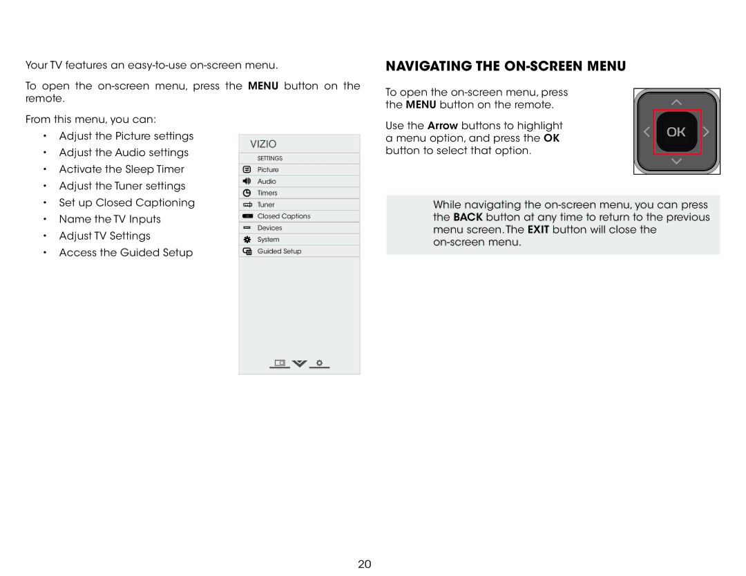 Vizio E280-B1 user manual Using the On-Screen Menu, Navigating the On-Screen Menu 