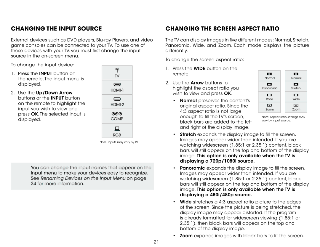 Vizio E280-B1 user manual Changing the Input Source, Changing the Screen Aspect Ratio 