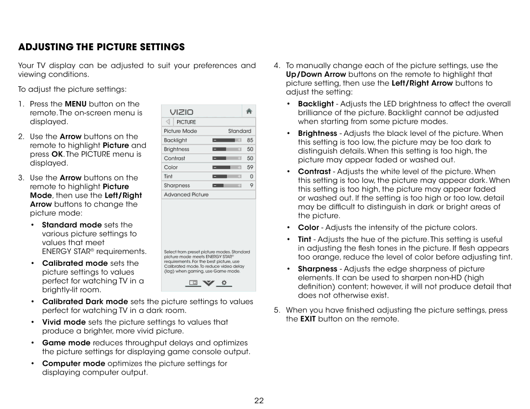 Vizio E280-B1 user manual Adjusting the Picture Settings, Vizio 