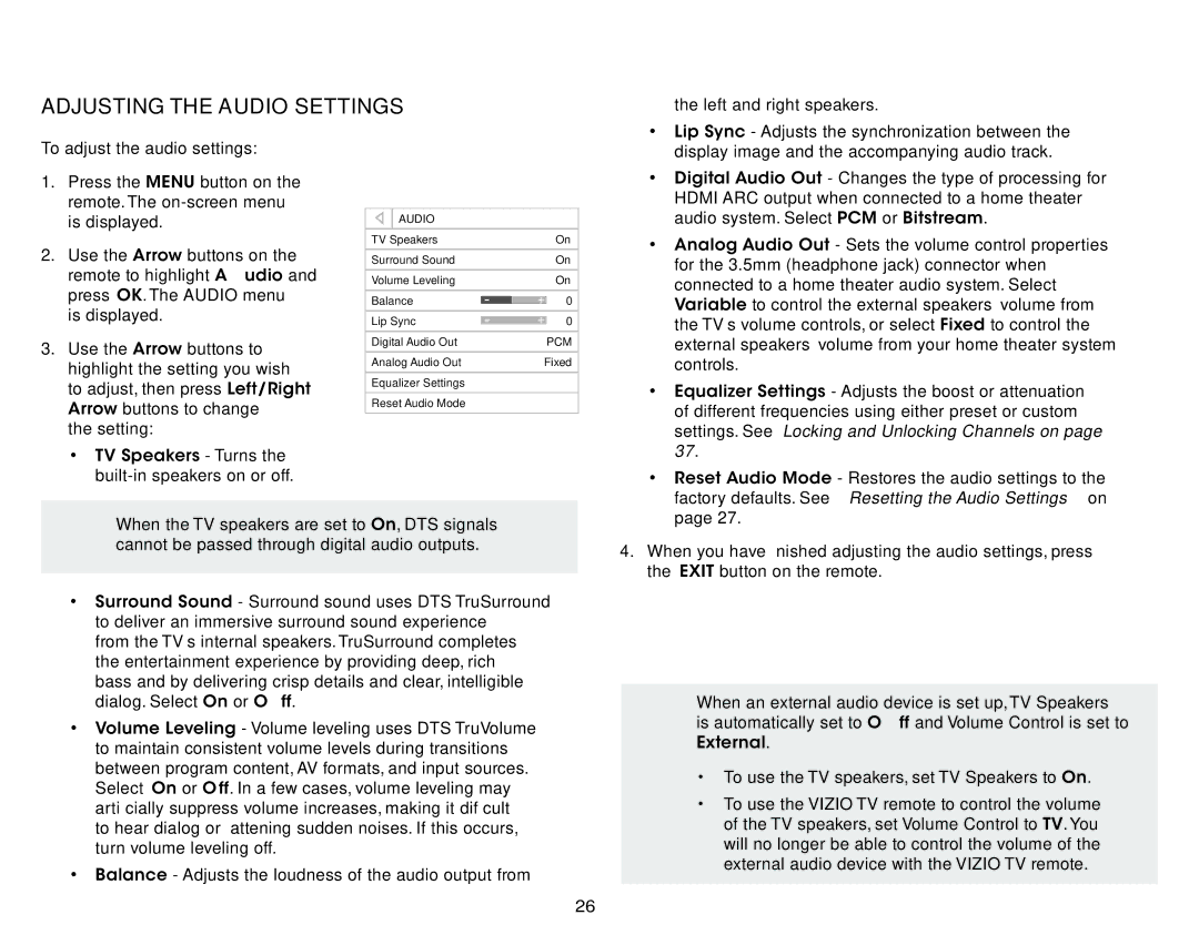 Vizio E280-B1 user manual Adjusting the Audio Settings, Factory defaults. See Resetting the Audio Settings on 