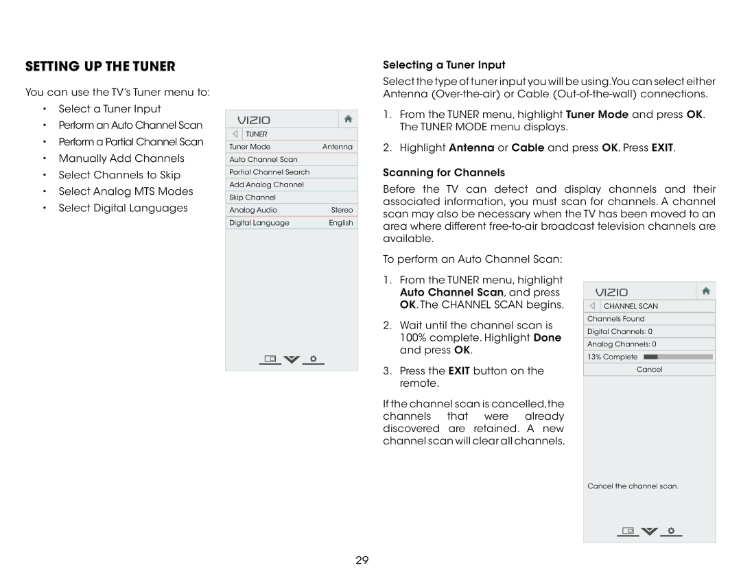 Vizio E280-B1 user manual Setting Up the Tuner, Channel Scan 