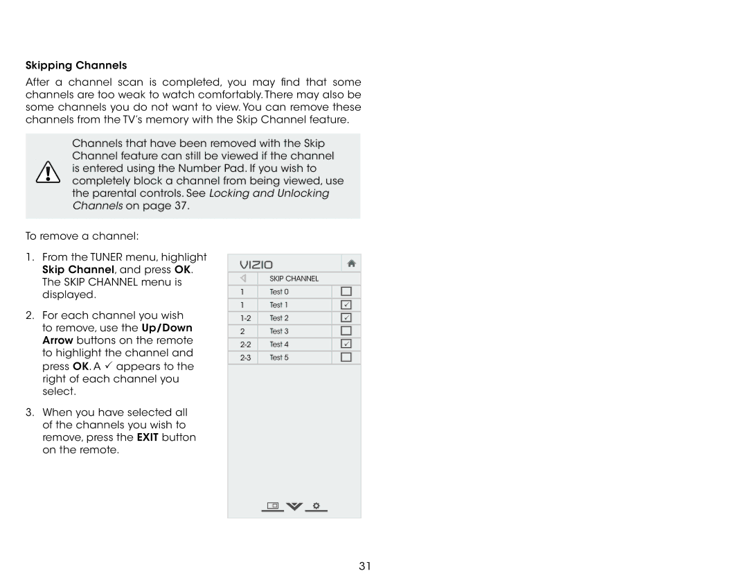 Vizio E280-B1 user manual Skip Channel Test 