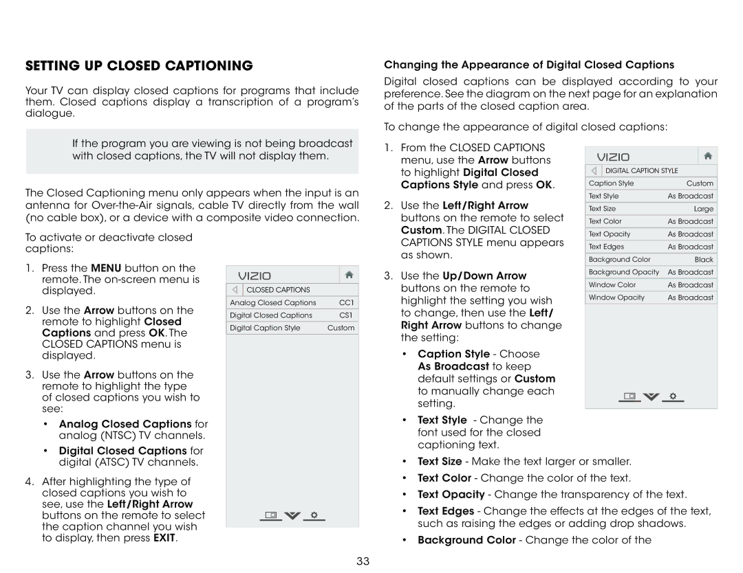 Vizio E280-B1 user manual Setting Up Closed Captioning 