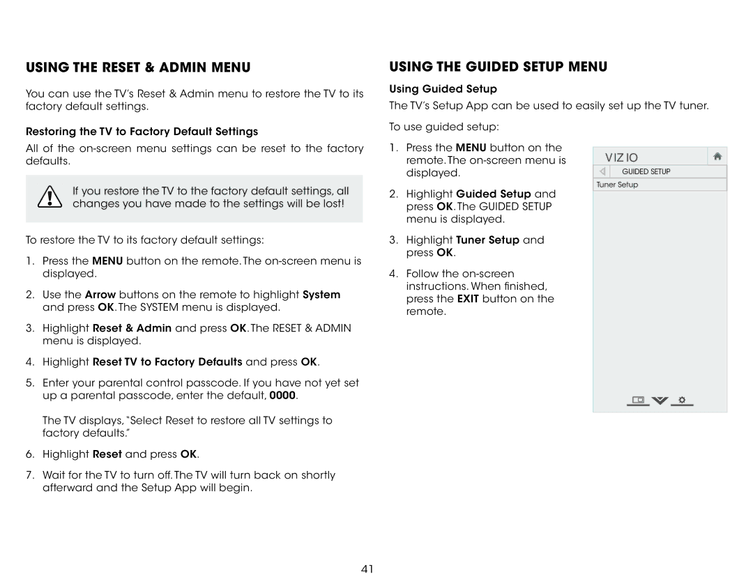 Vizio E280-B1 user manual Using the Reset & Admin Menu, Using the Guided Setup Menu 