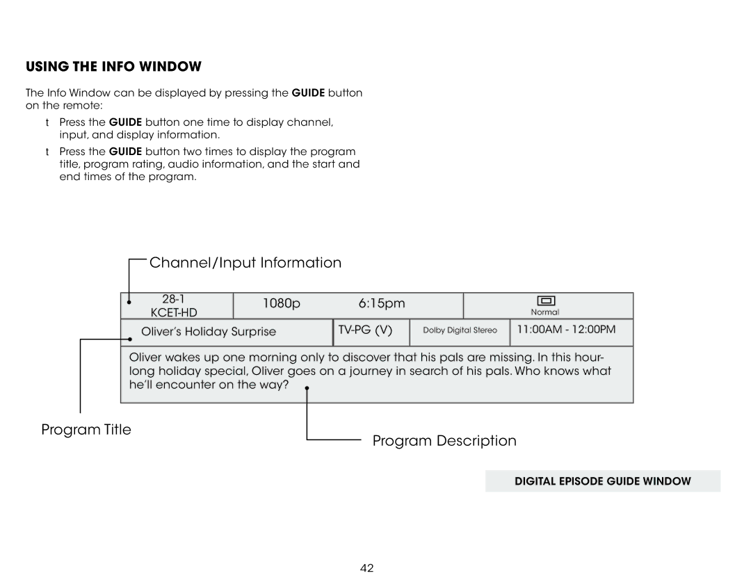 Vizio E280-B1 user manual Channel/Input Information, Using the Info Window 