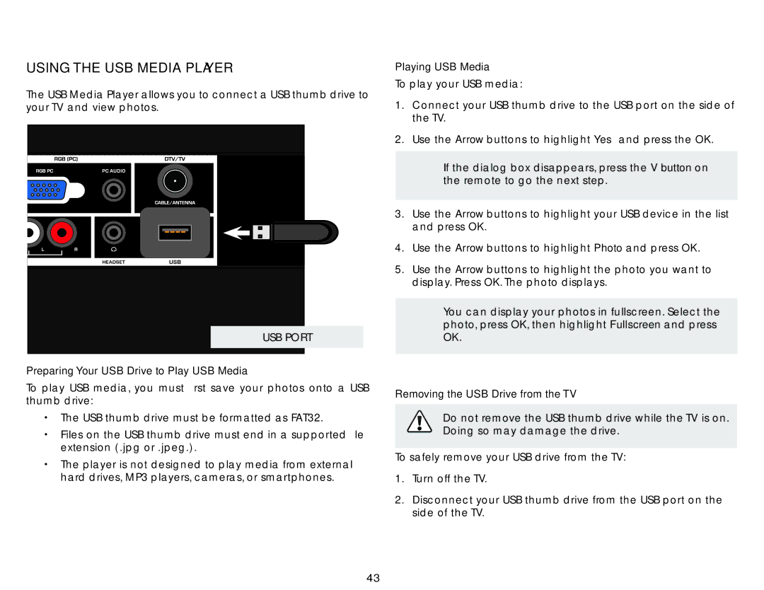 Vizio E280-B1 user manual Using the USB Media Player, USB Port 