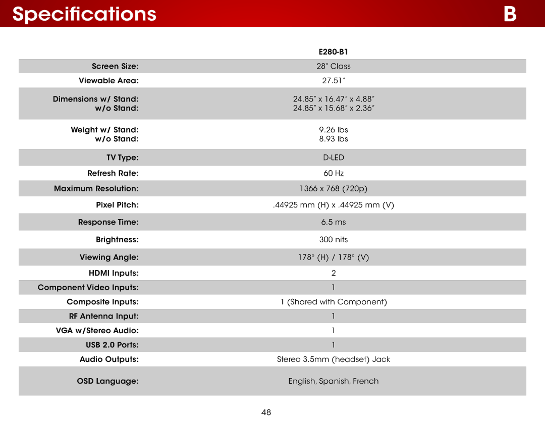 Vizio E280-B1 user manual Specifications 