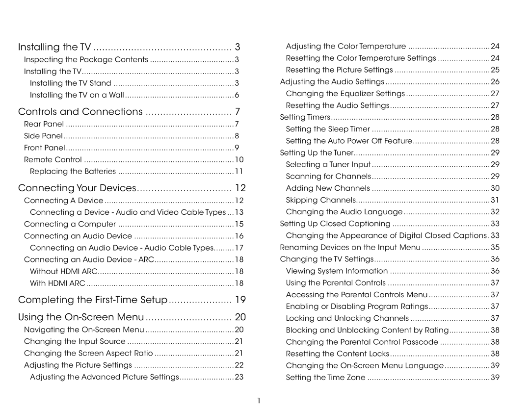 Vizio E280-B1 user manual Table of Contents 